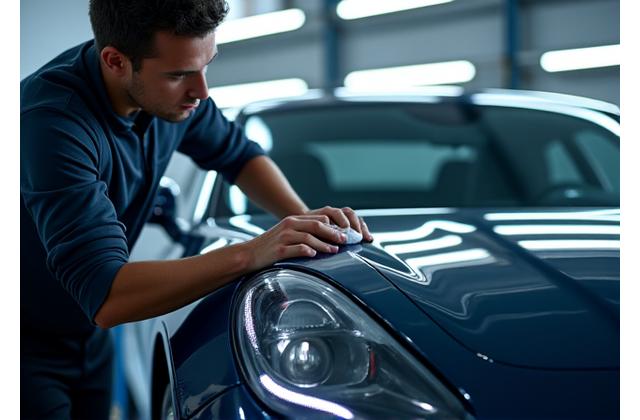 Founder meticulously polishing a car's hood in a clean detailing bay
