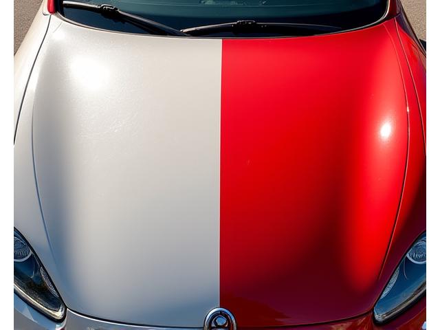 Fifty-fifty shot of car hood, one side highly polished, the other showing swirl marks