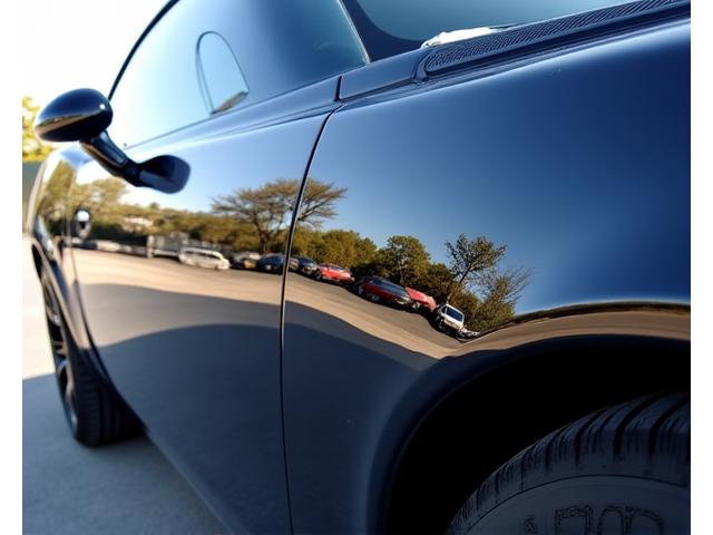 Extremely reflective ceramic coated car panel, showing sharp reflections of surrounding environment
