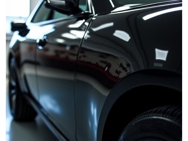Glossy black car paint after correction, showing deep reflection